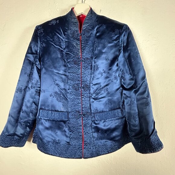 Peony Brand Womens Reversible Quilted Jacket 34 Jacquard Chinese Silk Floral Red - Picture 3 of 9